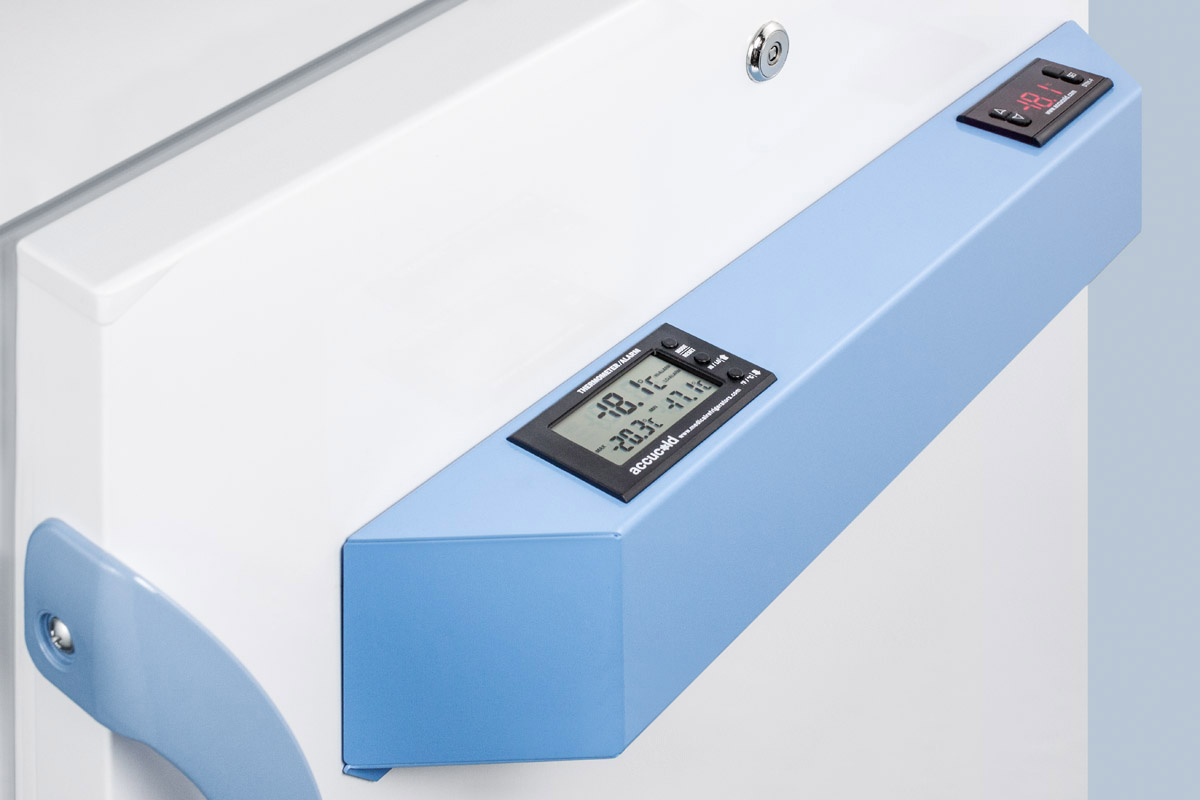 Built-in undercounter ADA compliant medical/scientific -25 C capable all-freezer with front control panel equipped with a digital thermostat and NIST calibrated thermometer/alarm